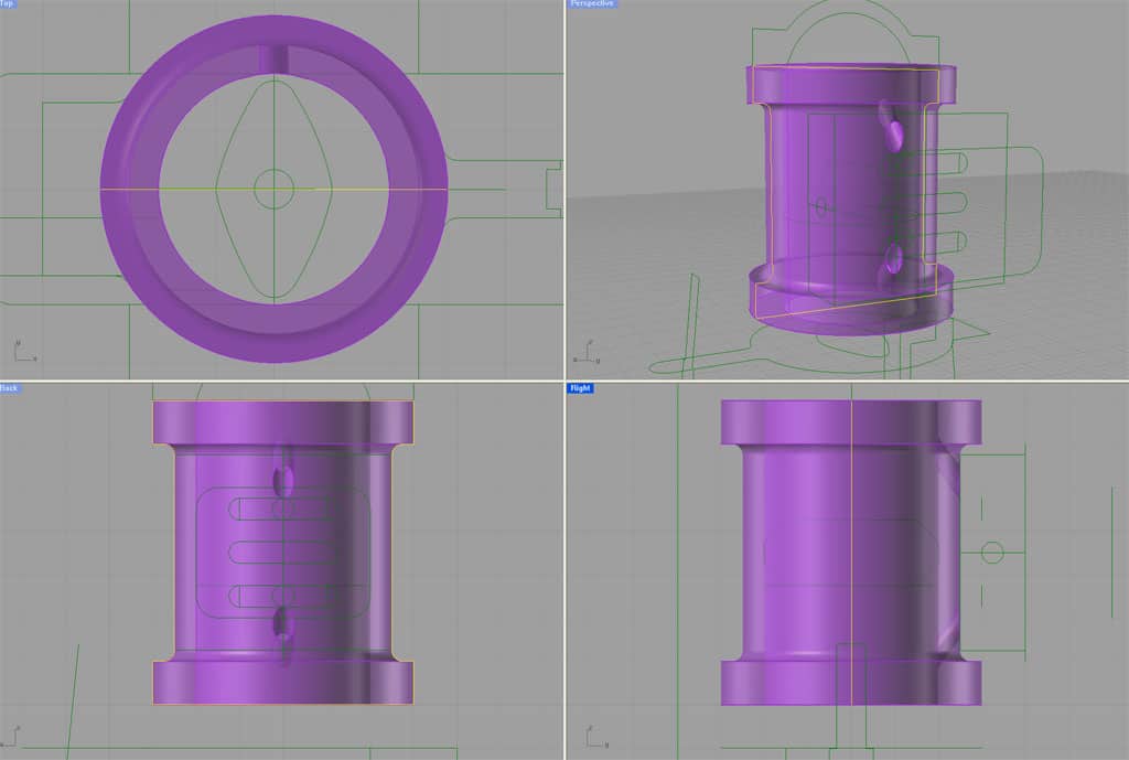 3D CAD model of cylindrical components with purple design, gray background, and green annotations.