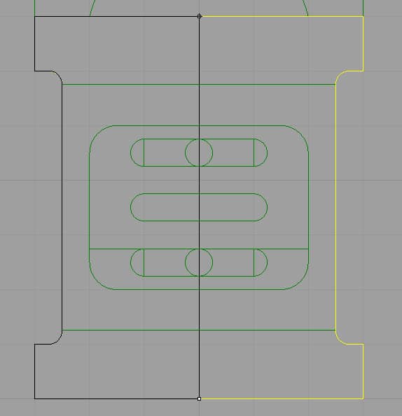 Technical drawing of a CAD design on a gray background with green lines and rounded rectangles.