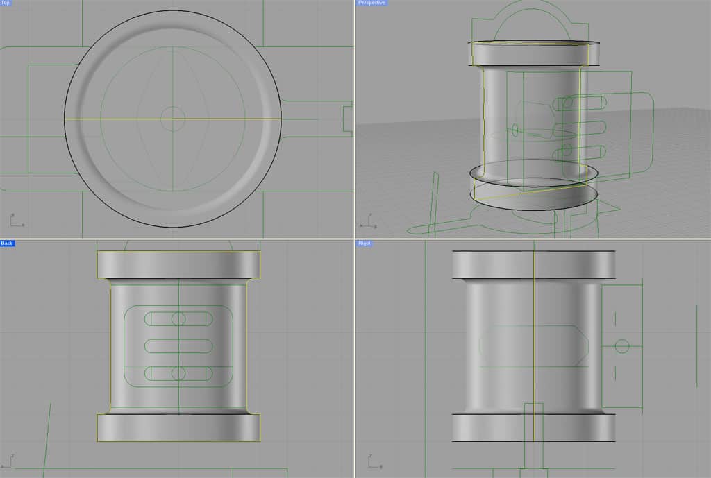 Metal parts with various cylindrical shapes in a 3D rendering.