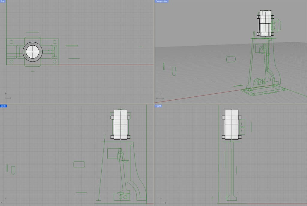 Technical illustration of 3D CAD model with dimensions and features, four quadrants: top, front, side, and isometric views.