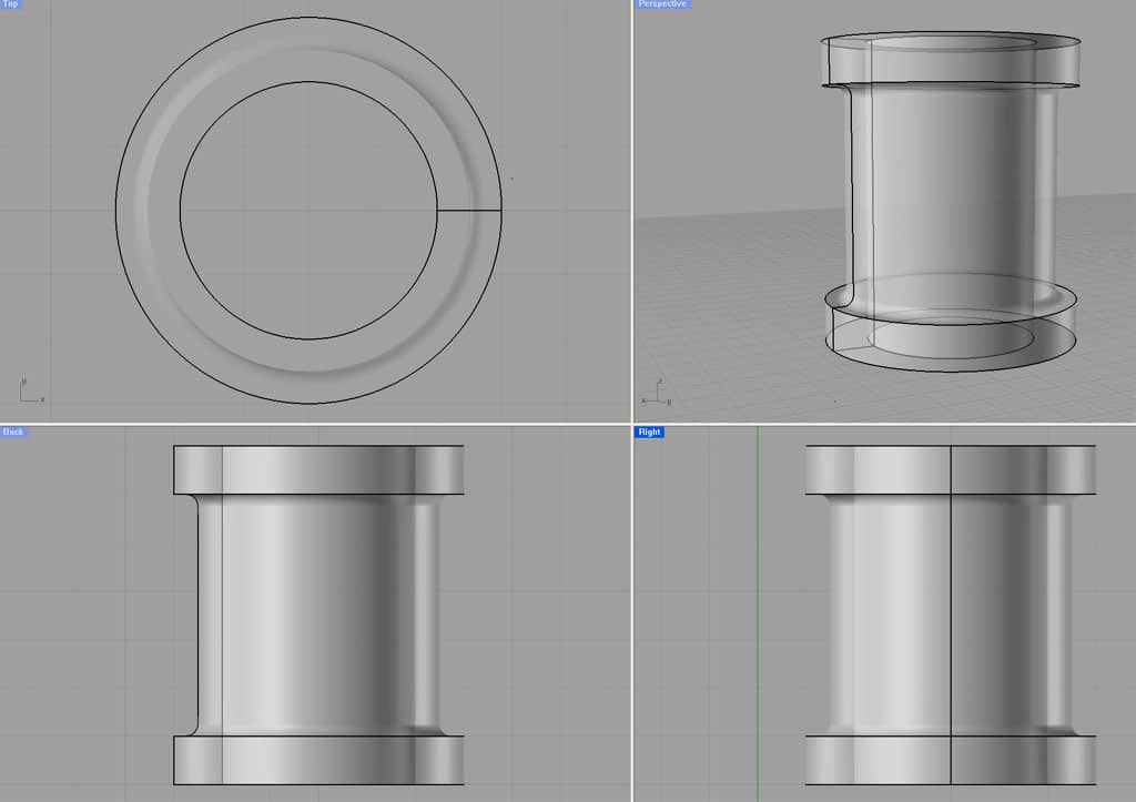 Cylindrical component with circular base, four distinct views: top, side, front, and back.