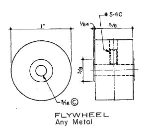 Technical drawing of a flywheel with dimensions and specifications.