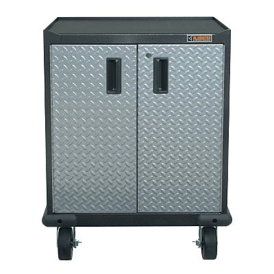 A Gladiator-style cabinet with diamond plate pattern and orange logo, mounted on four wheels.