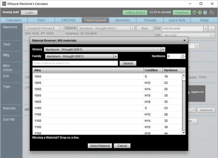 A screenshot of CNCCookbook.com's Material Database table displaying various materials with properties such as hardness and yield strength.