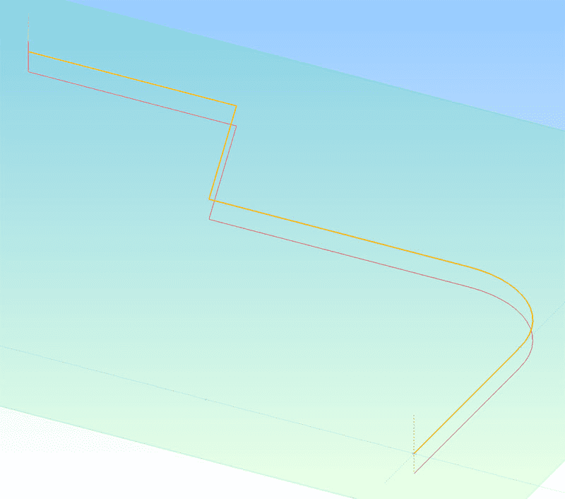 3D curved metal workpiece design in light blue with a yellow line tracing its rounded edge.