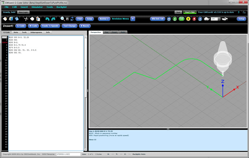 GWizard G-Code Editor software screenshot with menu bar and 3D model.