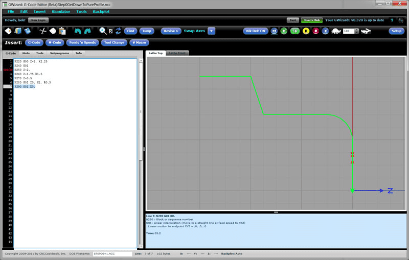 GWizard G-Code Editor software interface with toolbars, codes list, graph, and setup tabs.