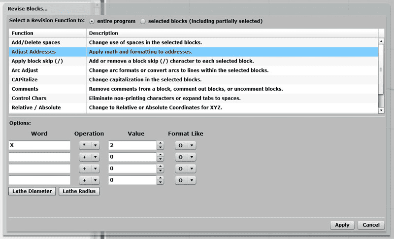 Machining software interface with fields and dropdown menus, displaying Lathe Diameter and Radius.