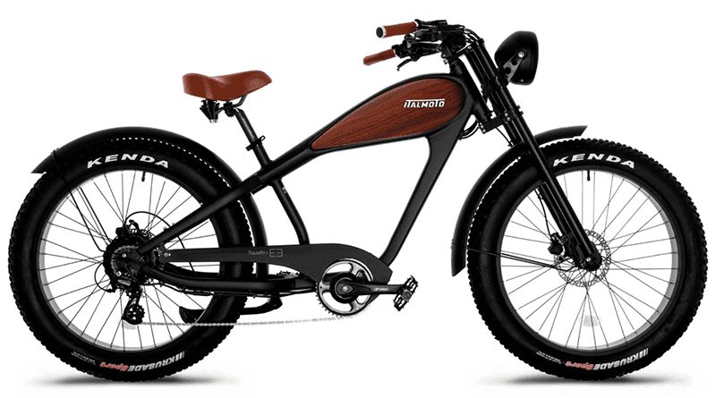 Sleek black electric bicycle with brown accents and white lettering.