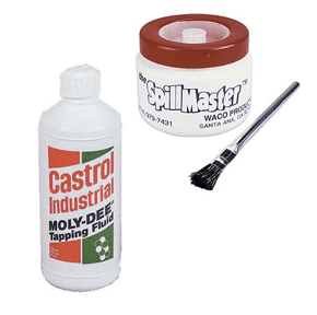 Castrol Industrial Moly-Due Tapping Fluid in a white bottle with orange and green label.