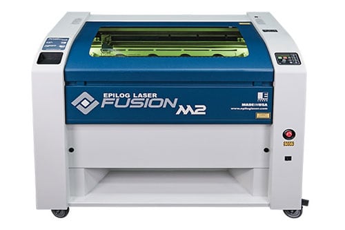 Gray and blue EpiLog Laser Fusion M2 machine with glass window and control panel.
