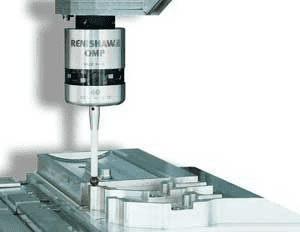 Renishaw OMP touch probe on CNC machine measuring metal part surface.