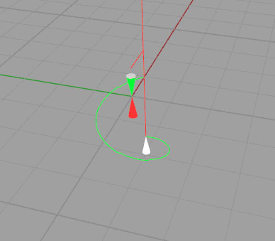 Gray grid background with green line, red lines, and white and red cones on a 3D CAD screenshot.