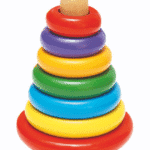 Colorful stacked metal discs in red, purple, yellow, green, blue, and orange.