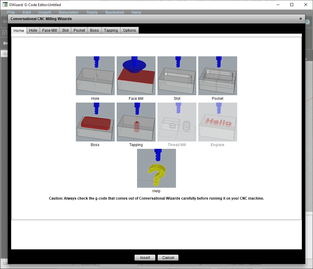 Conversational CNC Milling Wizards interface screenshot on CNCCookbook.com with 9 tool icons and descriptions.
