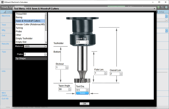 Machining tool menu with graphical tool display.