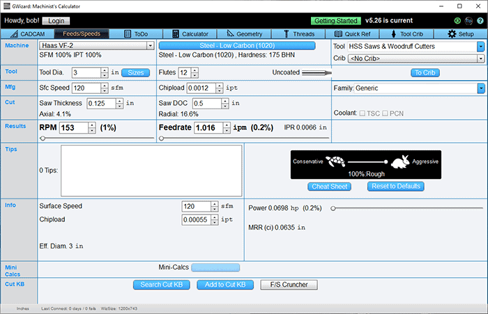 Machining calculator software screenshot with input fields and dropdown menus.