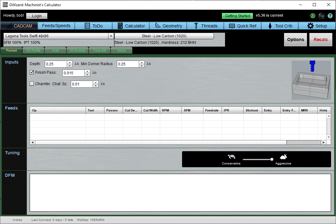 CADCAM tool path planning interface with customizable inputs and settings.