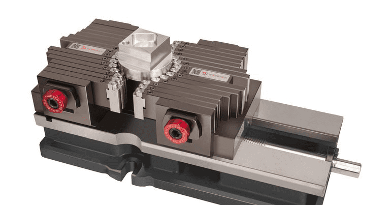 Mechanical device featuring two long rectangular components connected by a silver metal piece.