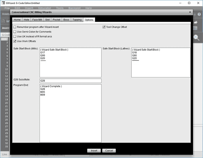 Machining software interface with settings and options.