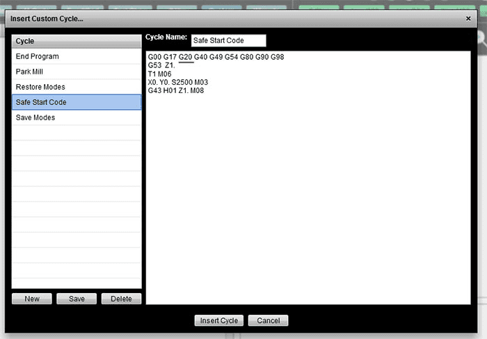 Machining program custom cycles options list screenshot.