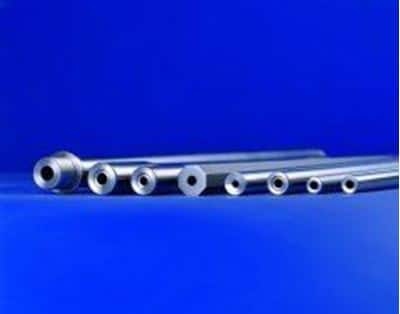 Silver metal tubes arranged horizontally on a blue background.