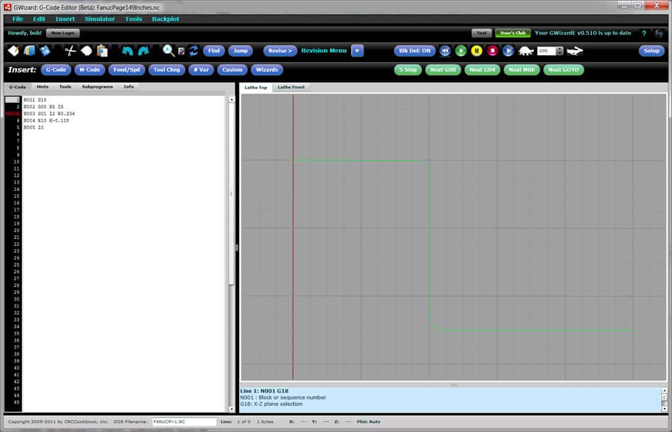 GWizard G-Code Editor software on computer screen with tabs and menus, two programming windows, and toolbar.
