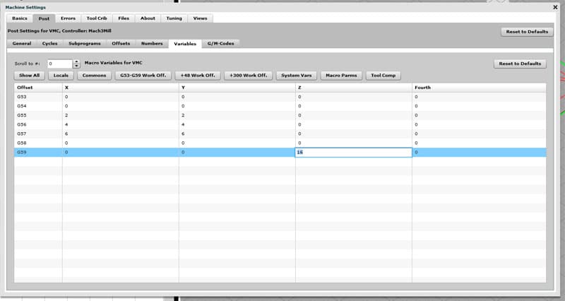 Machining settings for work offsets.