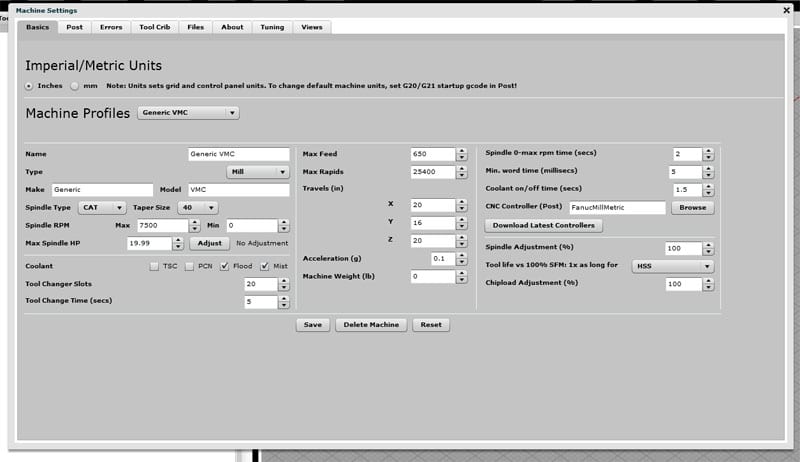Screenshot of CNCCookbook.com Imperial/Metric Units page featuring machine settings.