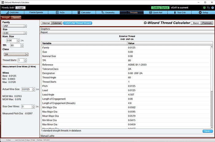 A screenshot of a computer screen displaying G-Wizard Thread calculator settings.
