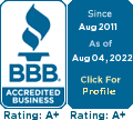Better Business Bureau Accredited Business blue and white logo with stylized flame icon above BBB letters.