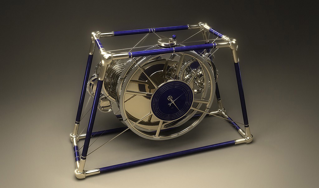 An intricately designed silver and blue clock with mechanical and modern elements, featuring delicate engravings on a gray background.