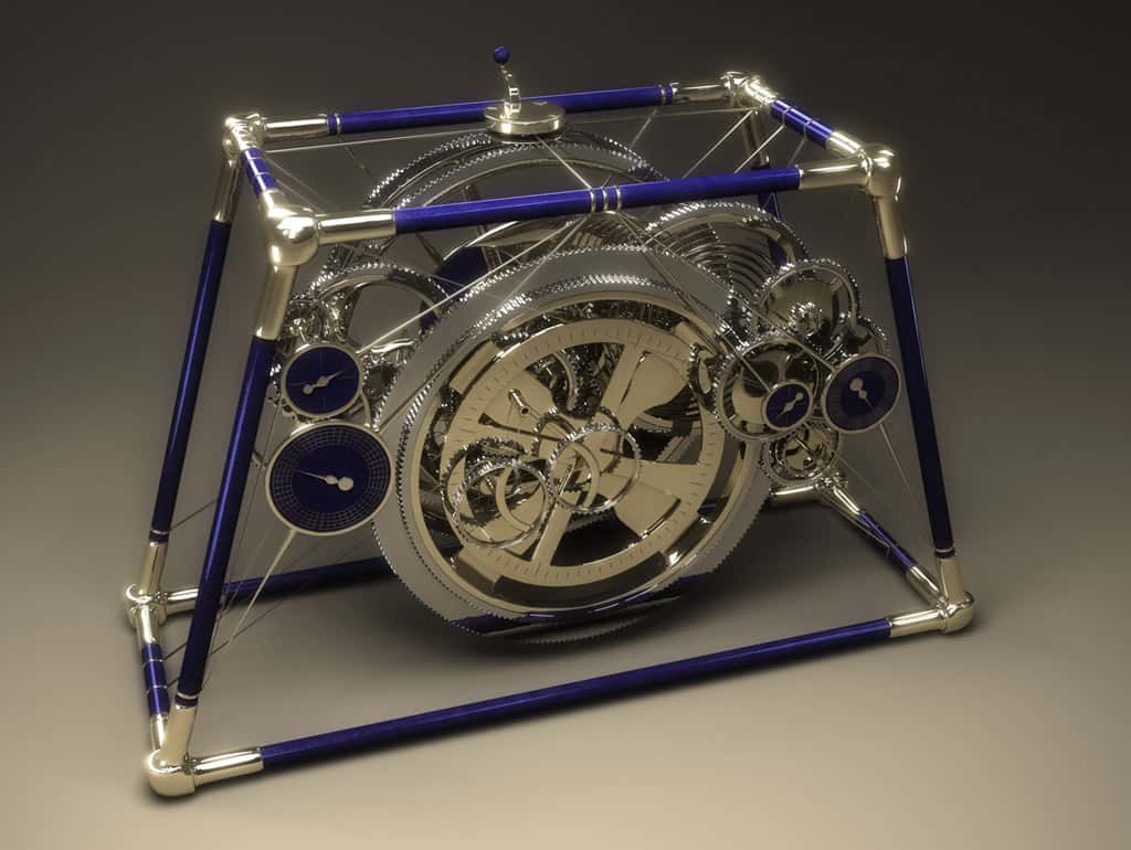 3D render of a complex silver orrery with gears and a frame, resembling an intricate astronomical clock mechanism on a gray background.