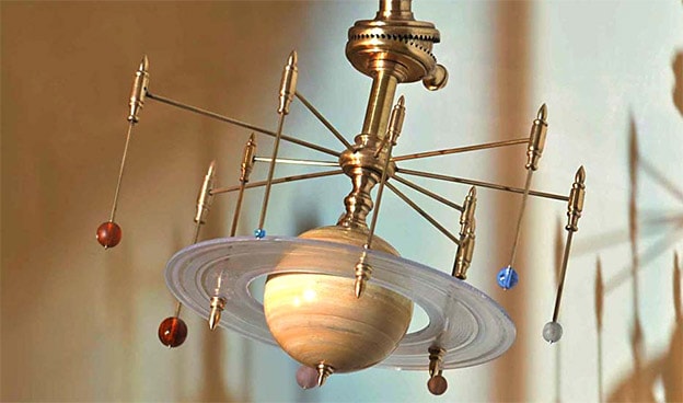 Solar system model with labelled, coloured spheres and thin rods.