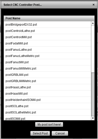 Dropdown menu of post processors for CNC controllers.