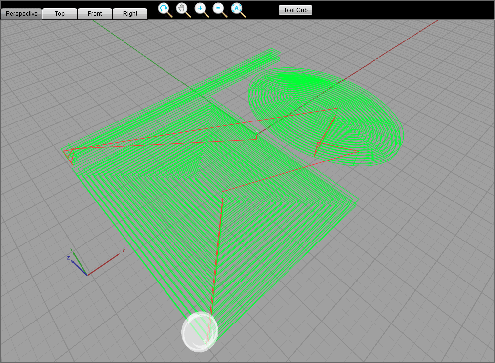 A 3D modeling interface featuring a green wireframe of a complex object with multiple curved surfaces and lines, set against a gray grid background.