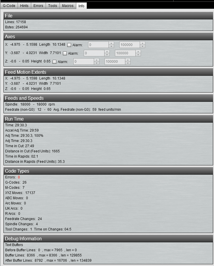 G-Code editor with sections for File, Axes, Feed Motion Extents, Feeds and Speeds.