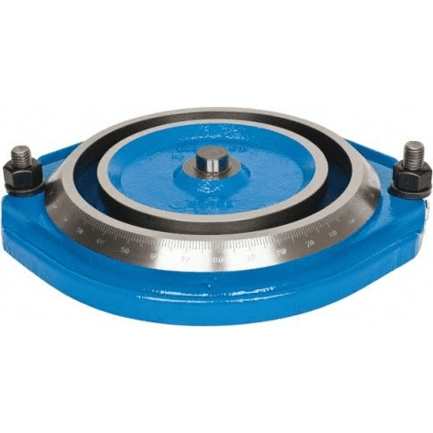 Circular measuring device with central post and calibrated edge.