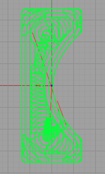 Green curved CAD drawing on gray grid.