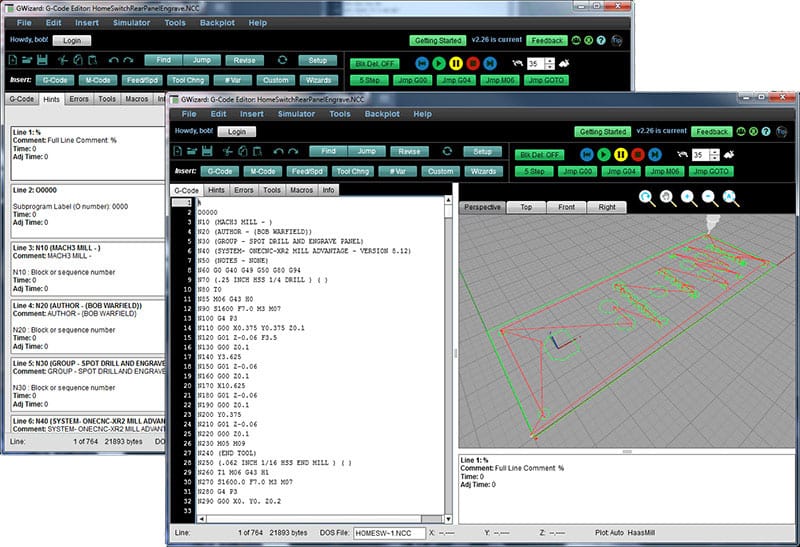 G-Code Editor software screenshot with file NC-Viewer, tabs, comments, and 3D model.