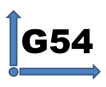 Large black text "G54" on white background with two blue arrows pointing up and to the right.