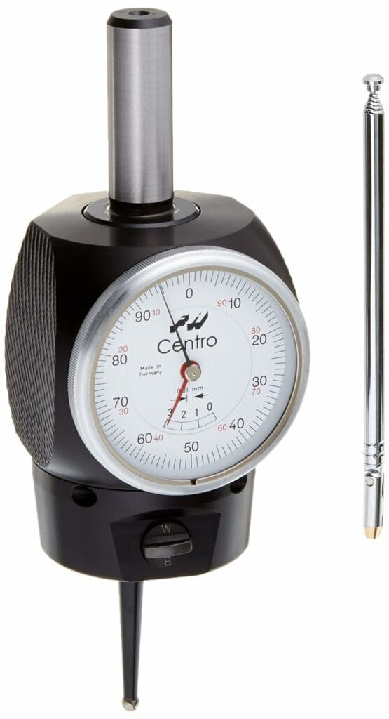 Precision measuring tool with black body, silver face, and white dial.
