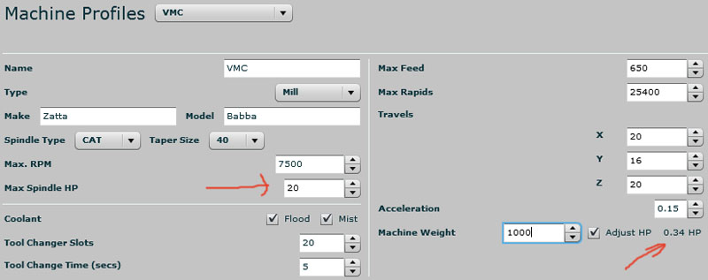 CNC machine profile settings with spindle information and tool changer slots.
