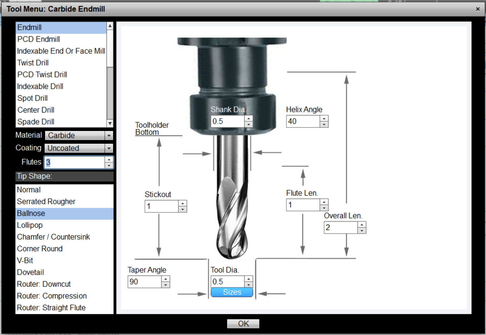 Tool menu for selecting end mill geometry settings with dropdown options: Endmill, Material, Tip Shape.