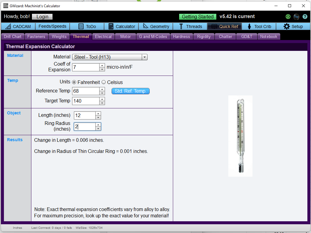 Thermal expansion calculator interface on CNCCookbook.com showcasing material selection and calculation features.