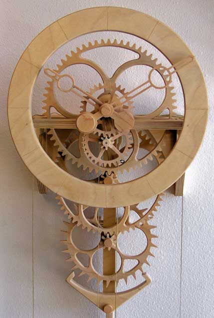 Close-up image of intricately designed wooden clockwork mechanism with interlocking gears.