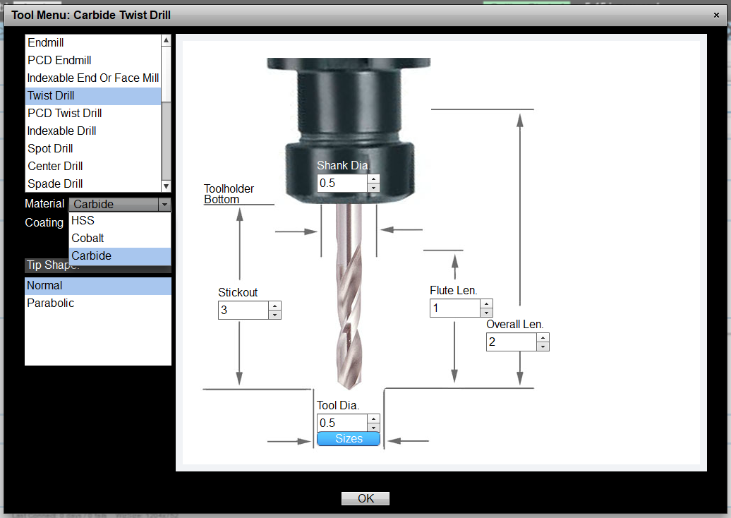 Carbide Twist Drill tool menu with detailed diagram and labeled components.
