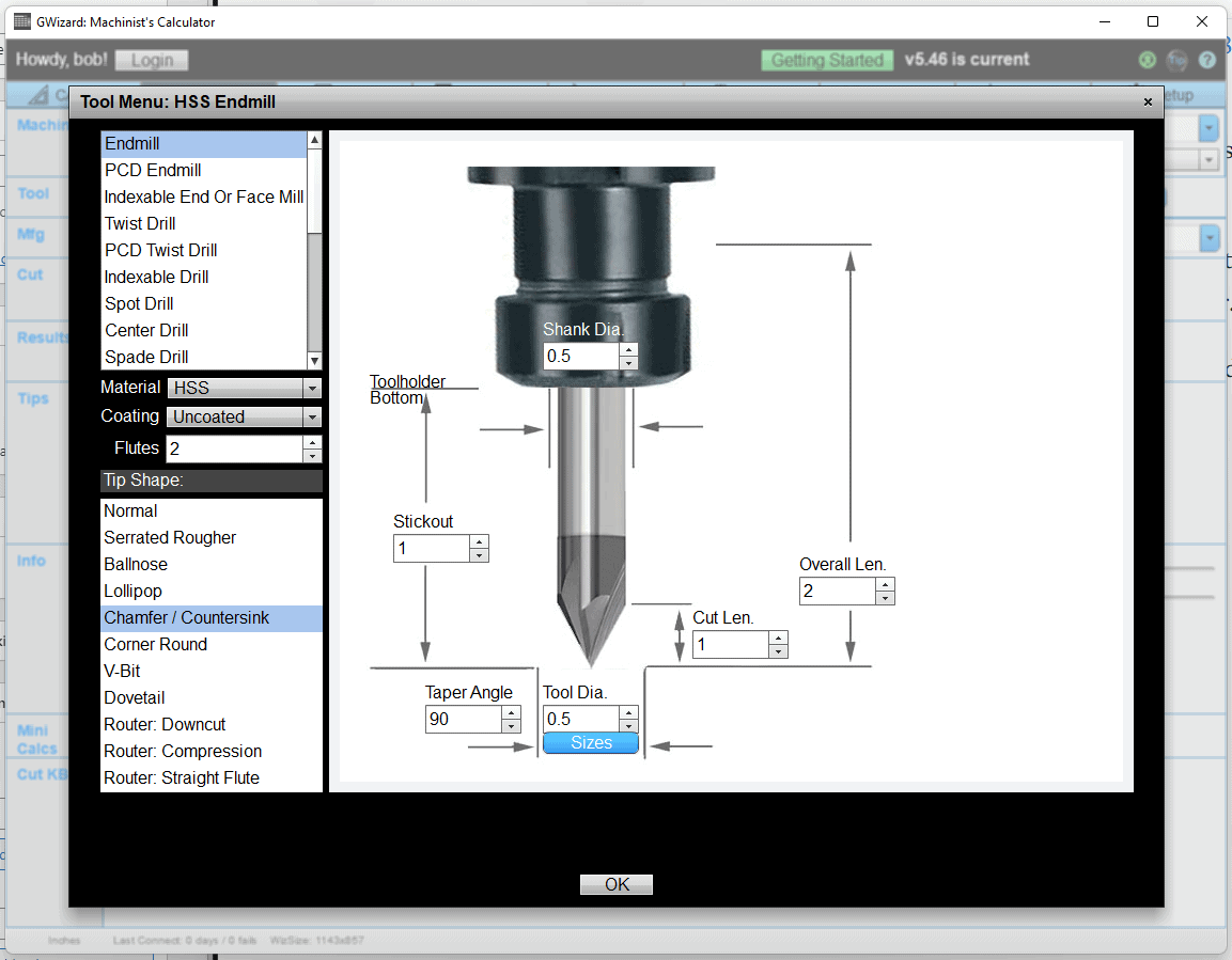 Screenshot of GWizard: Machinist's Calculator website displaying HSS endmill tool menu with diagram.