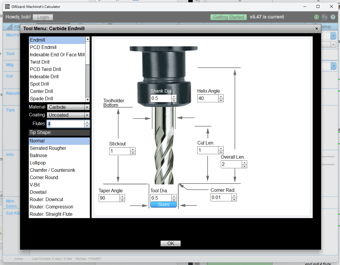 Machining tool with detailed diagram of endmill components.