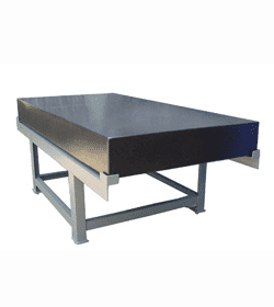 Metal workbench with flat top and four legs.